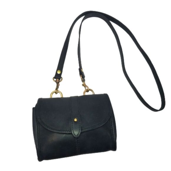Vintage Handbags - Vintage Black Leather Cross Body Purse with Brass Hardware and Magnetic Closure